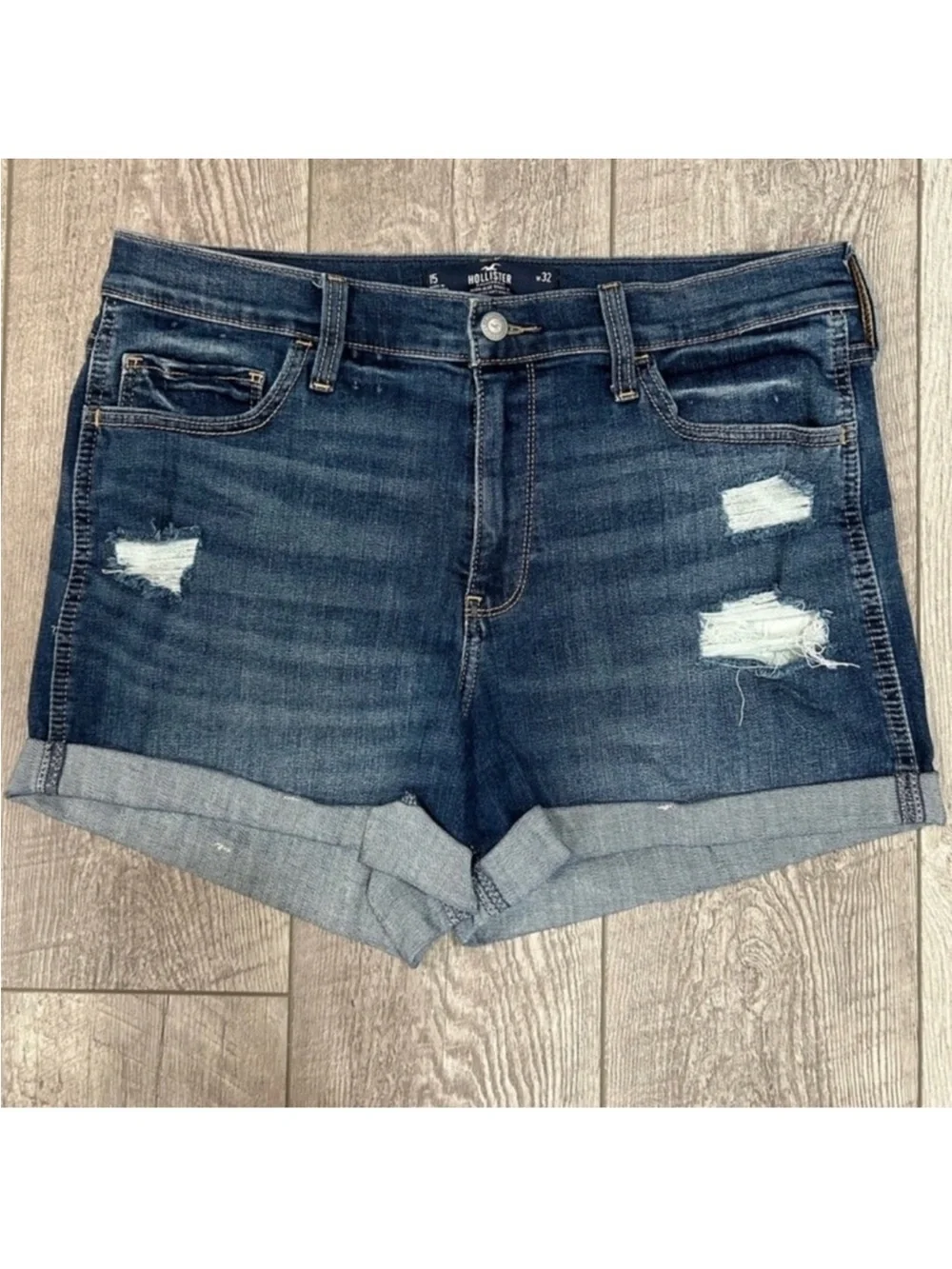 Hollister Dark Wash Distressed Roll-Cuff Denim Shorts